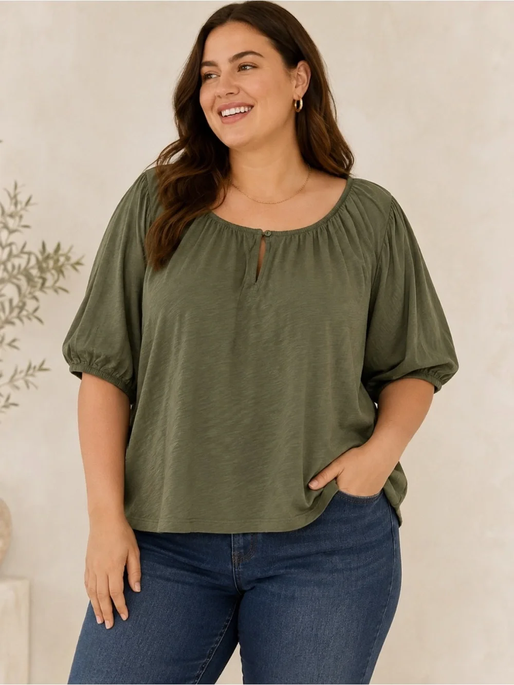 Old Navy Puff Sleeve Slub Knit Top XXL Alpine Tundra Olive Green 100% Cotton